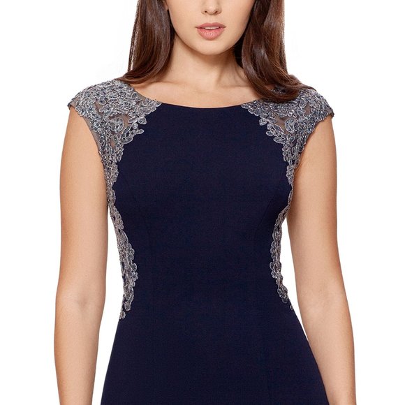 XSCAPE Womens Metallic Floral Lace Side Slit Cap Sleeve Gown Dress Size 4 Navy - Picture 5 of 9
